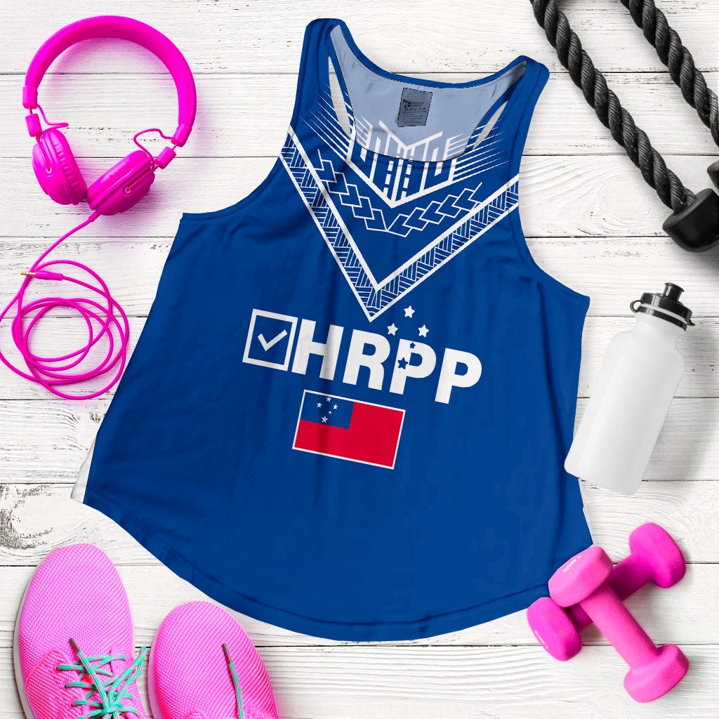 Blue sleeveless tank top with front tribal V and HRPP lettering