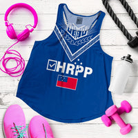 Blue sleeveless tank top with front tribal V and HRPP lettering