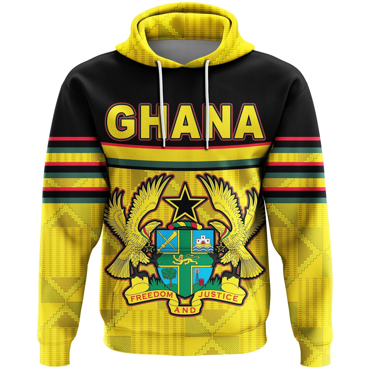 Ghana pullover hoodie front view, yellow/black with GHANA logo and eagle crest