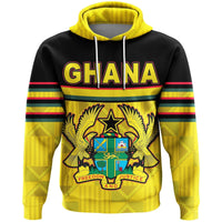 Ghana pullover hoodie front view, yellow/black with GHANA logo and eagle crest