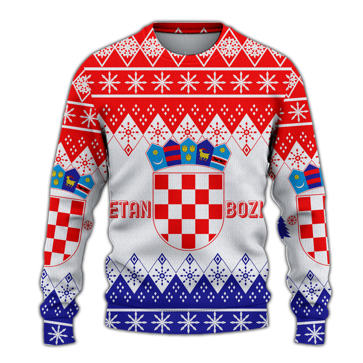 Ugly Christmas sweatshirt in red, white, and blue with Croatian crest and patterned sleeves