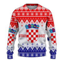 Ugly Christmas sweatshirt in red, white, and blue with Croatian crest and patterned sleeves