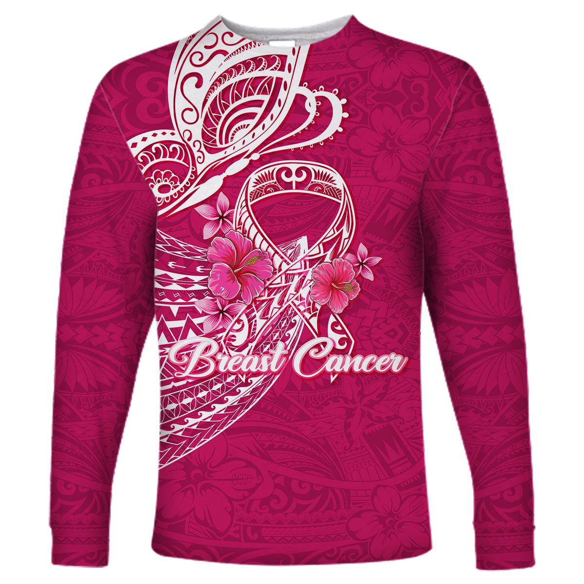Pink long-sleeve shirt with white Breast Cancer ribbon and floral butterfly graphic