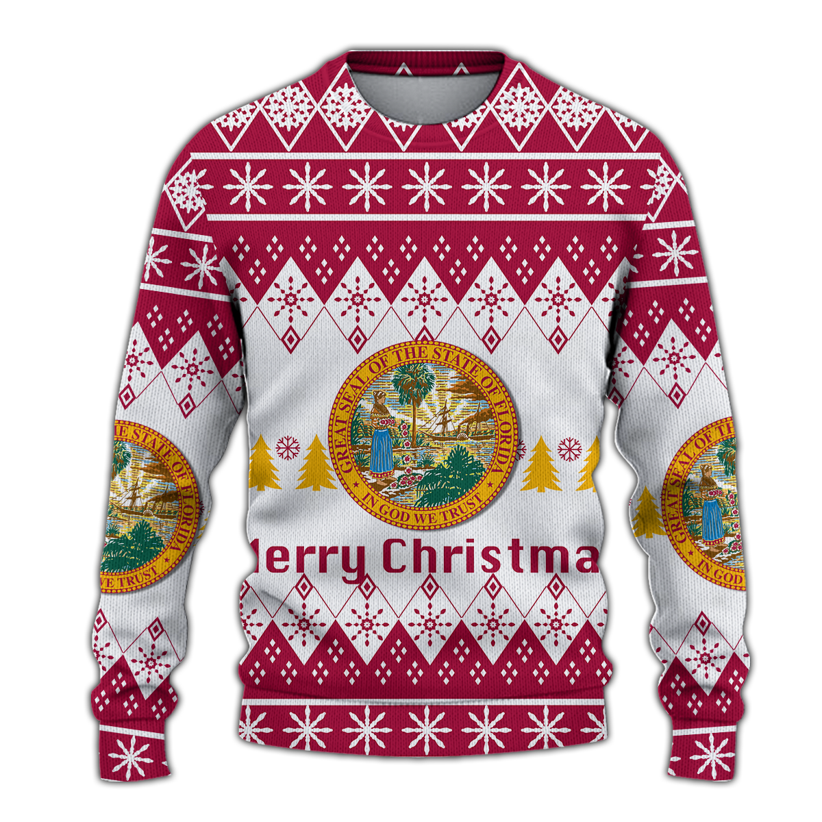 Burgundy and gray Christmas sweater with snowflake pattern and state seal graphic