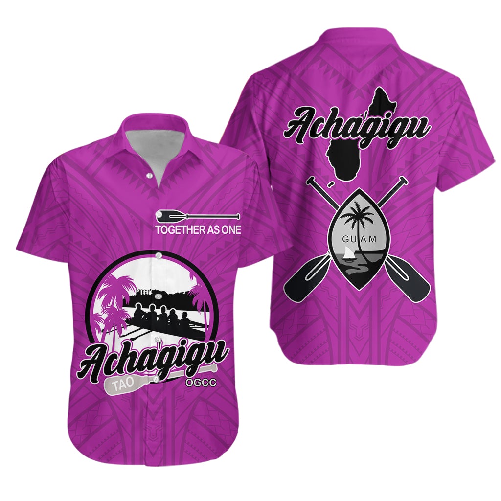 Pink Hawaiian shirt with Acha'gigu Guam canoe club graphic, front and back