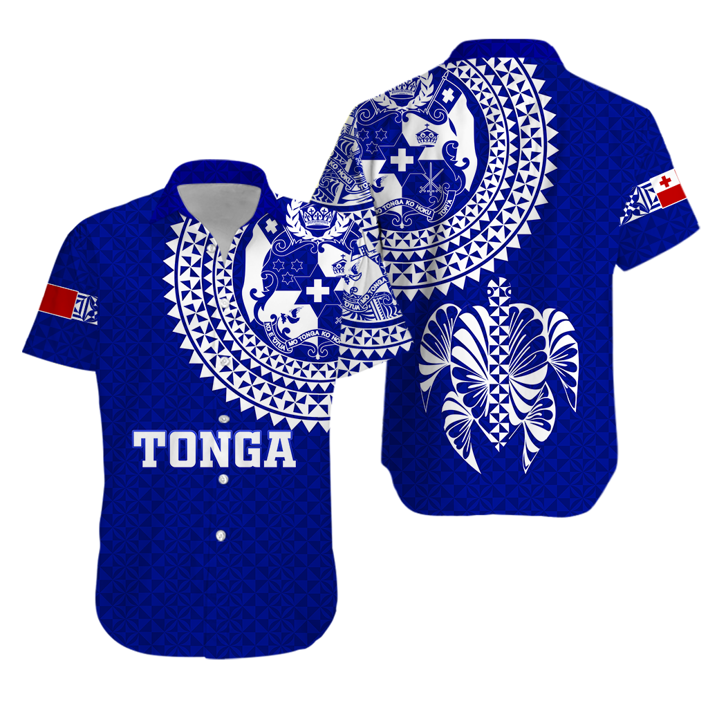 Blue short-sleeve button-up Hawaiian shirt with white tribal turtle and patterns