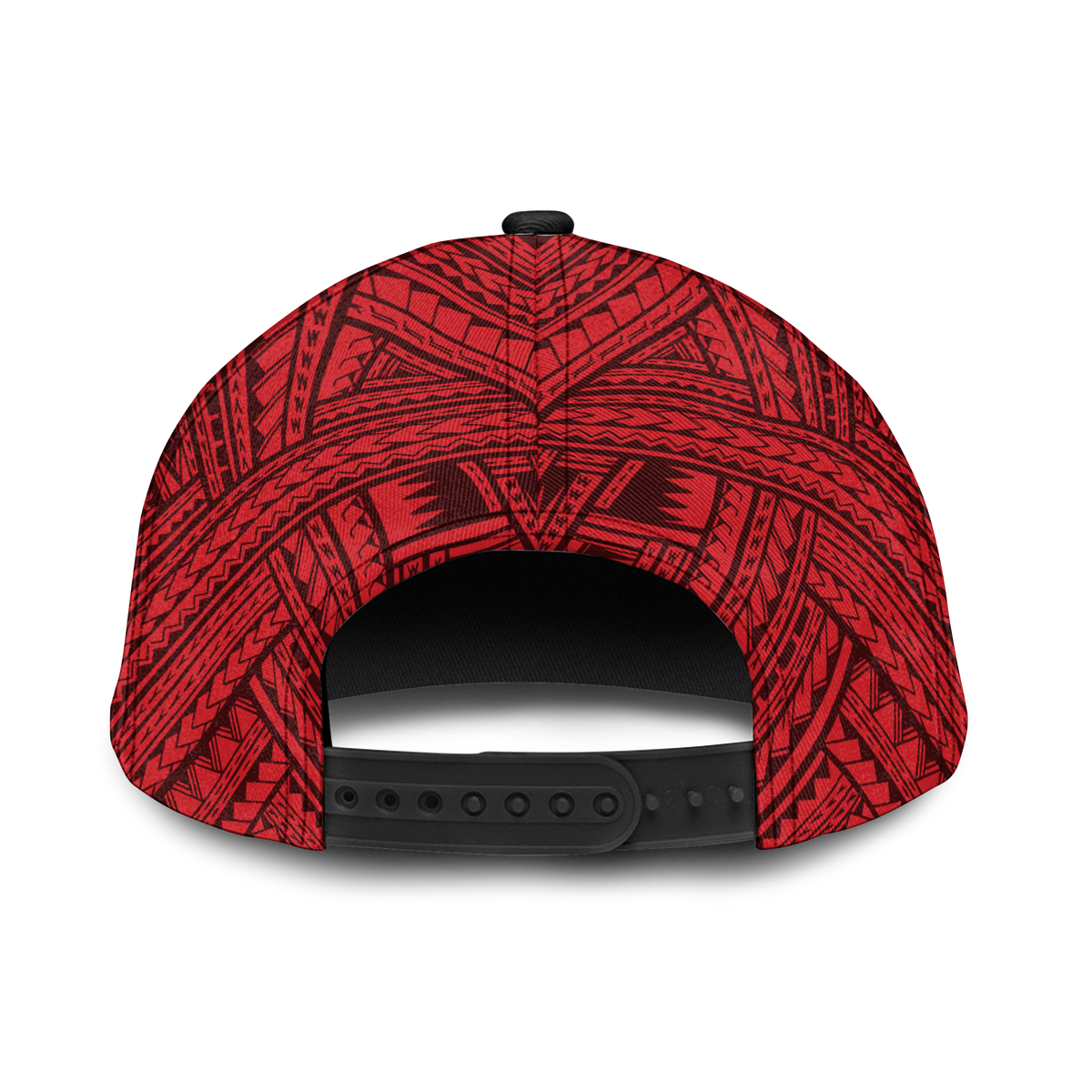 Classic cap back view, red geometric pattern, black snapback strap