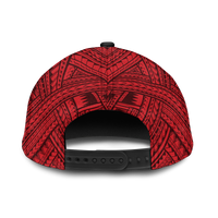 Classic cap back view, red geometric pattern, black snapback strap