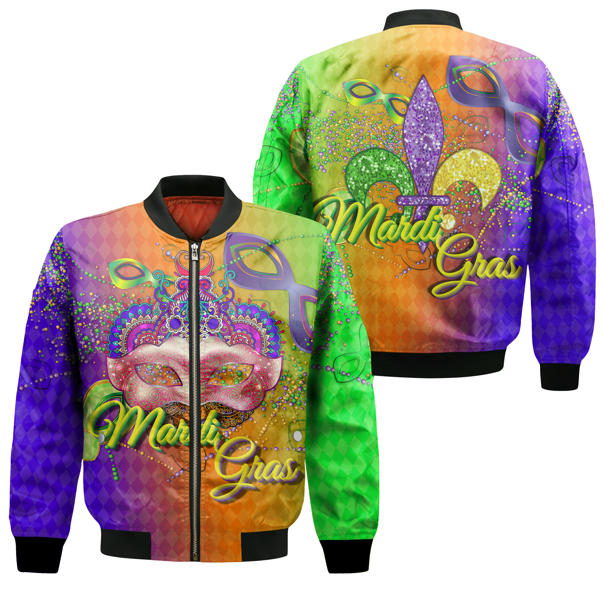 Mardi Gras Mask With Beads Bomber Jacket - LT12 - Wonder Print Shop