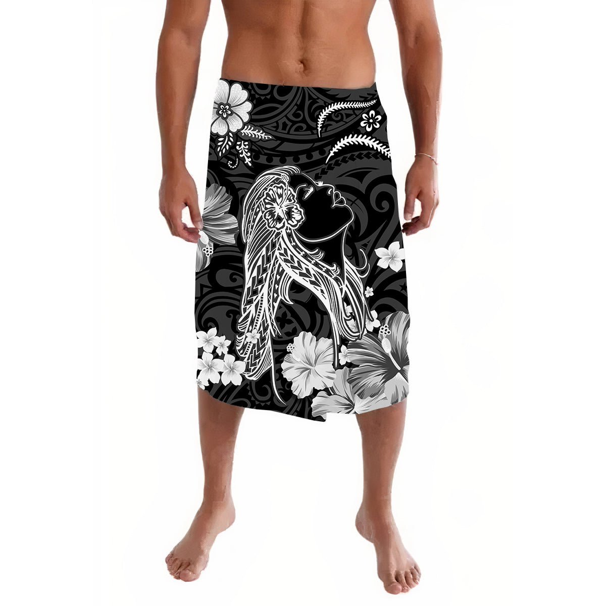 Black floral print sarong with hula girl illustration, elastic waist skirt