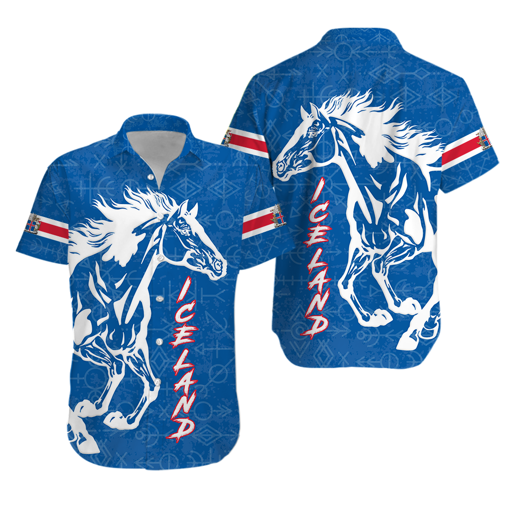 Blue unisex Hawaiian shirt with large white horse graphic, Iceland flags, and decorative patterns