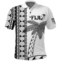 White Fiji rugby polo shirt with black tapa coconut tree and palm leaf print, short sleeves