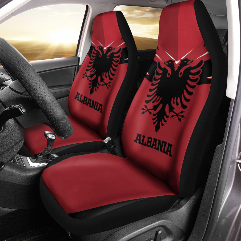 Red Albania car seat covers LT12 with black logo and ALBANIA text on front seats