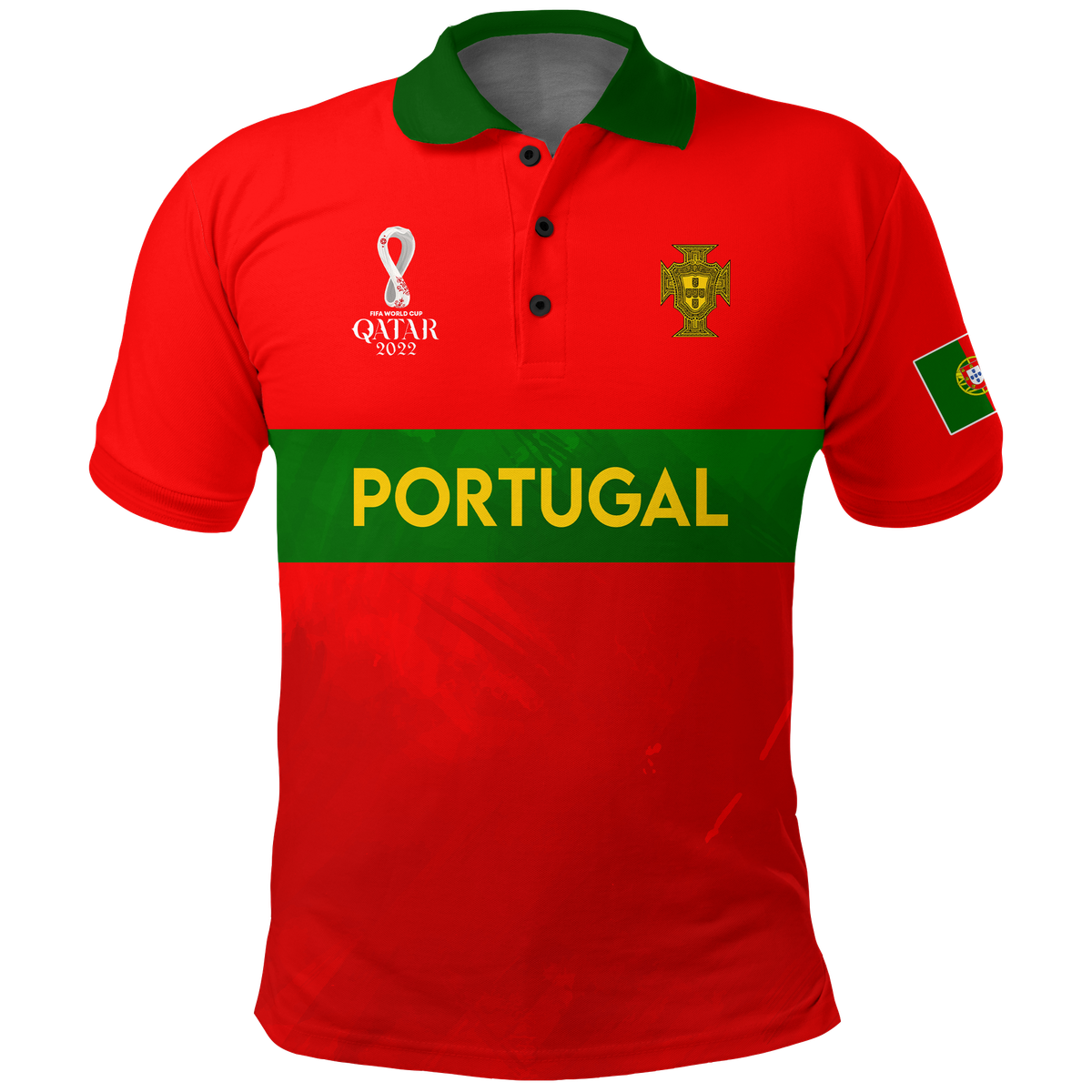 Red polo shirt with green collar, Portugal lettering, crest and button placket