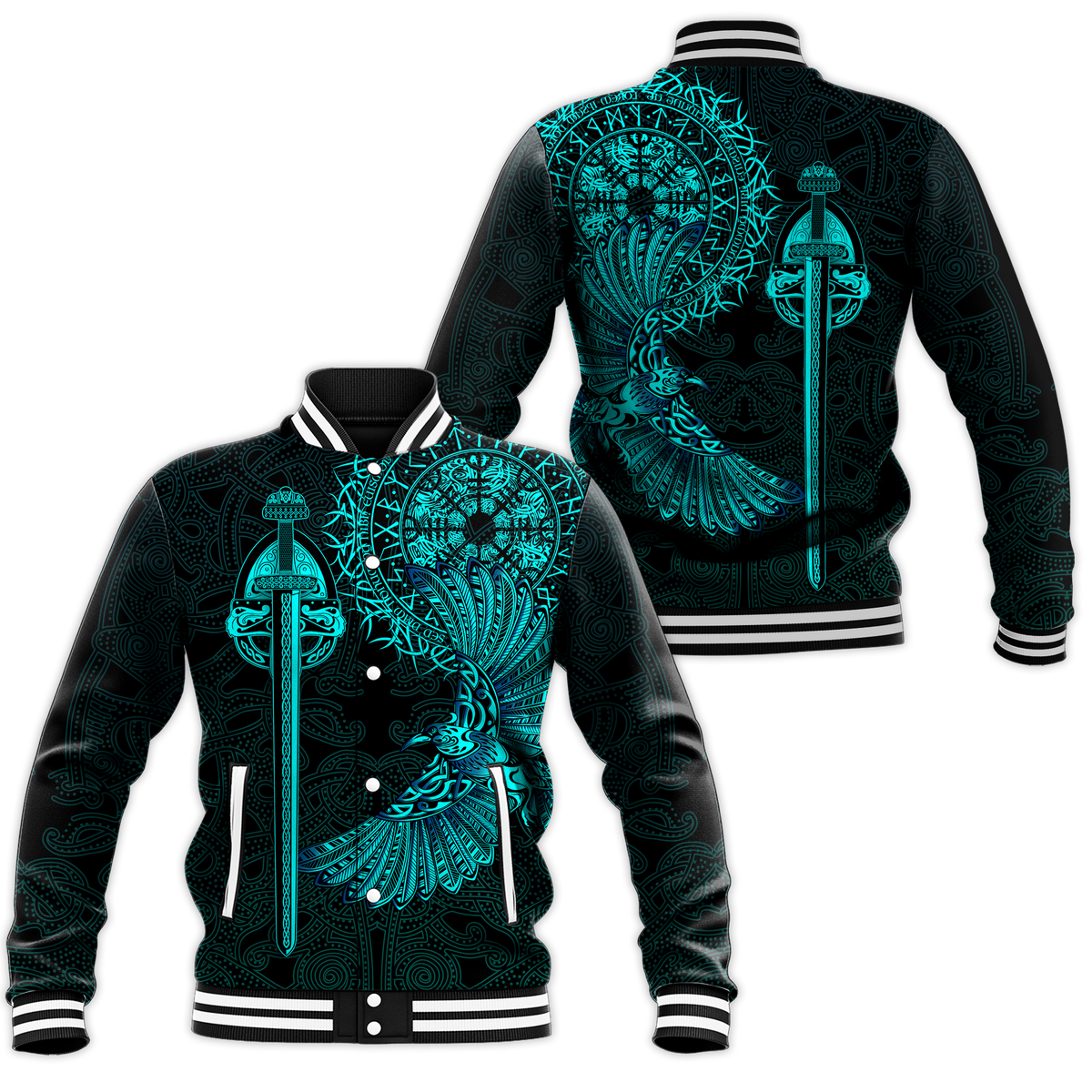 Black baseball jacket with teal Viking raven tattoo graphic, ribbed collar and striped cuffs