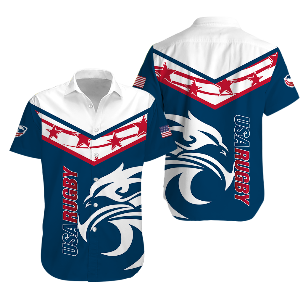 Blue unisex Hawaiian rugby shirt with red/white chevron stars and dolphin graphic