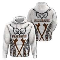 White pullover hoodie with Fiji Bati tapa pattern, leaf-and-crossed arms graphic