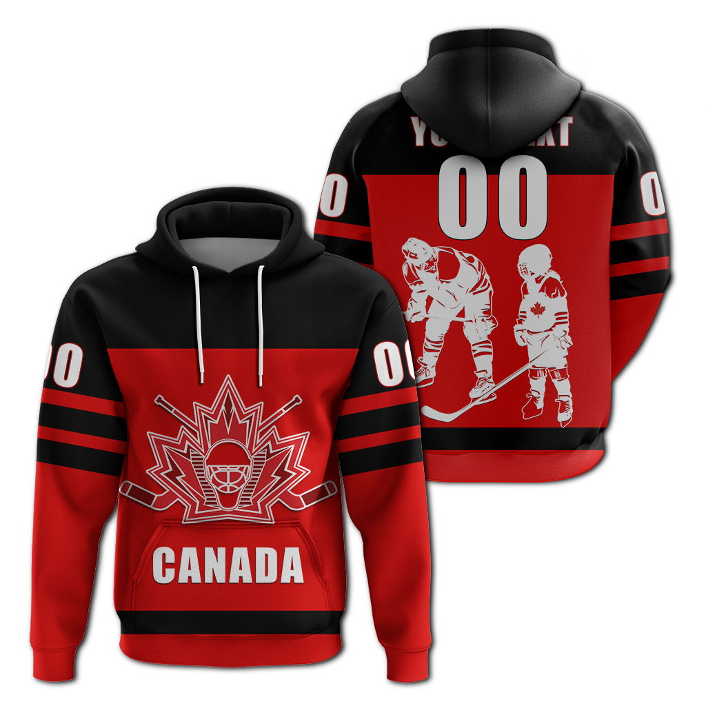 Black and red Canada ice hockey supporter hoodie, front crest and back players graphic.
