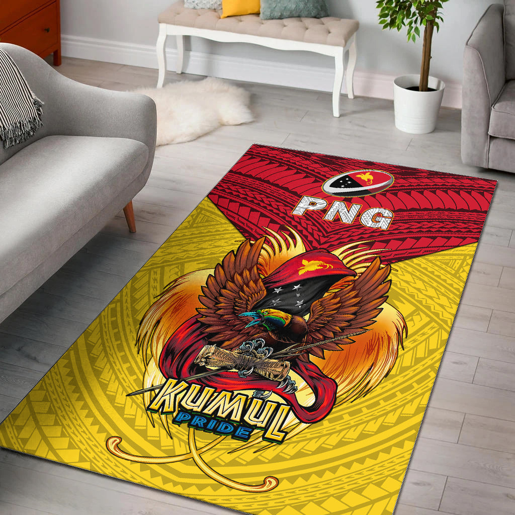 Kumul Pride PNG area rug with red top and yellow base, eagle graphic and logo center
