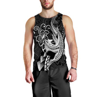 Black men’s tank top with large tribal shark graphic and floral accents