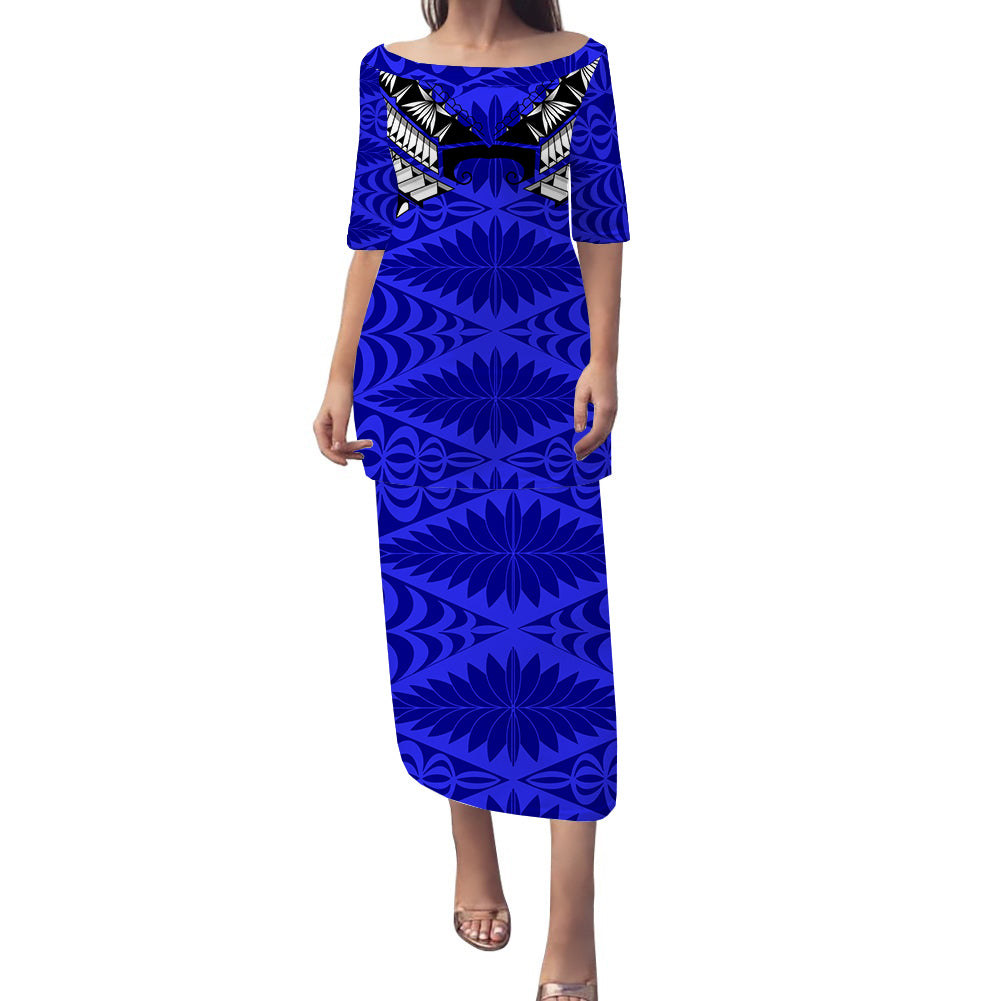 Blue tribal print long off-shoulder dress with decorative geometric bodice and slit hem