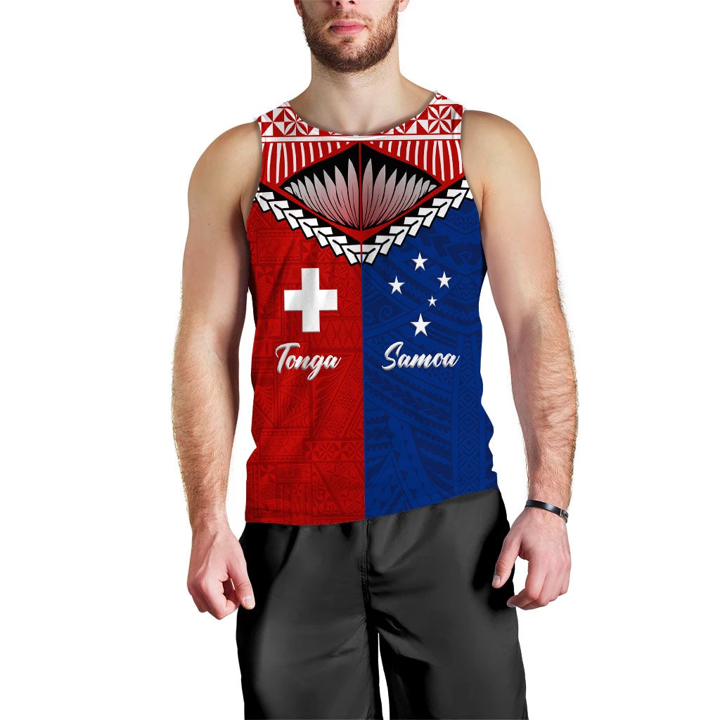 Men's red-and-blue Tonga Samoa graphic tank top, front view with cross and sunburst