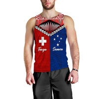 Men's red-and-blue Tonga Samoa graphic tank top, front view with cross and sunburst
