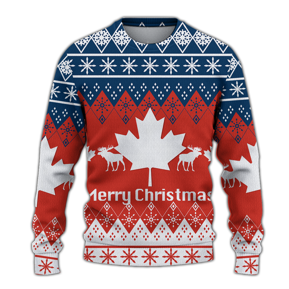 Christmas sweatshirt with blue/red/white reindeer, snowflakes, and 'Merry Christmas' print.