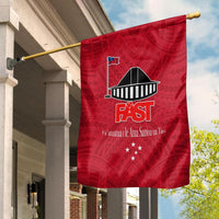 Red Polynesian-style house flag with 'FAST' logo, canoe icon, and stars