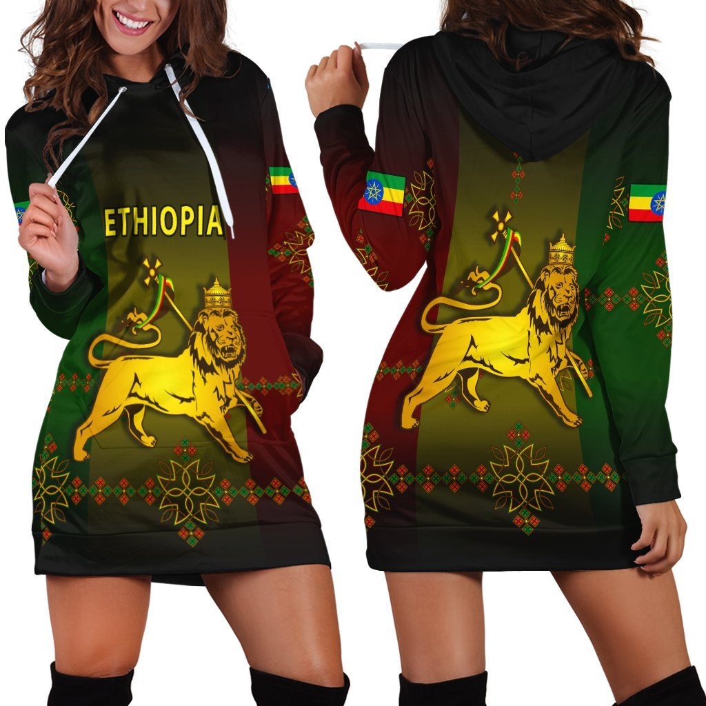 Ethiopia hoodie dress with multicolor graphic, drawstring hood and front pouch pocket
