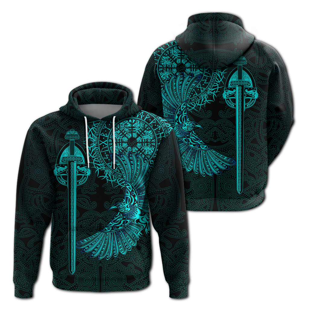 Black zip hoodie set: front and back views with teal Viking raven tattoo graphic