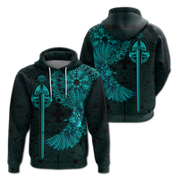 Black zip hoodie set: front and back views with teal Viking raven tattoo graphic