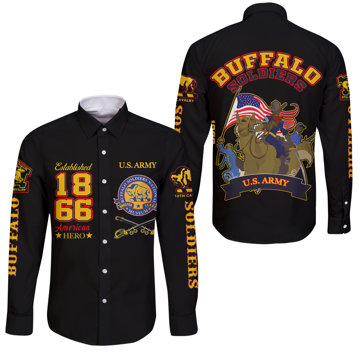 Black long-sleeve button shirt with U.S. Army Buffalo Soldiers back graphic, LT12