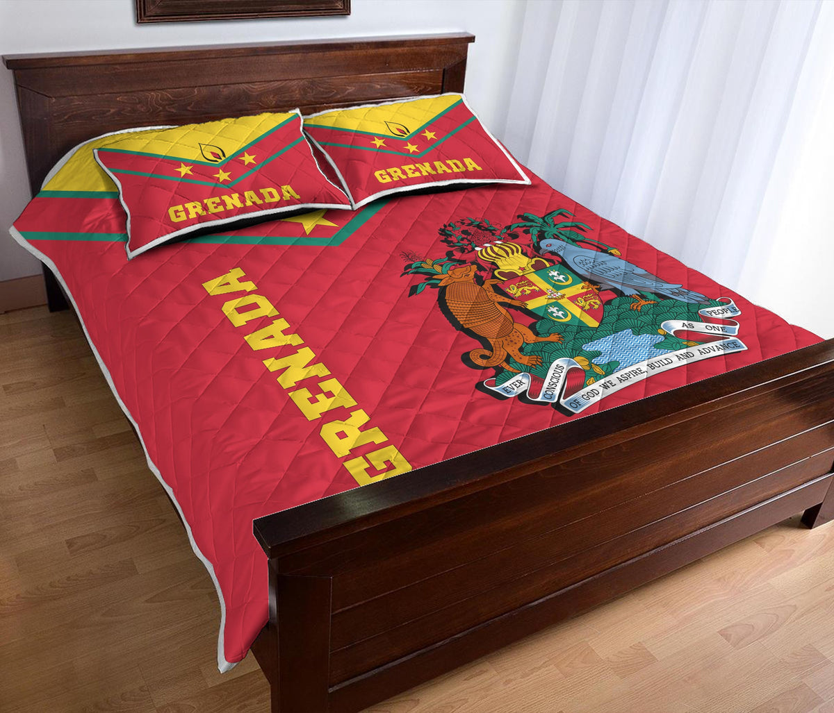 Red Grenada quilt bed set with crest graphic and yellow GRENADA lettering