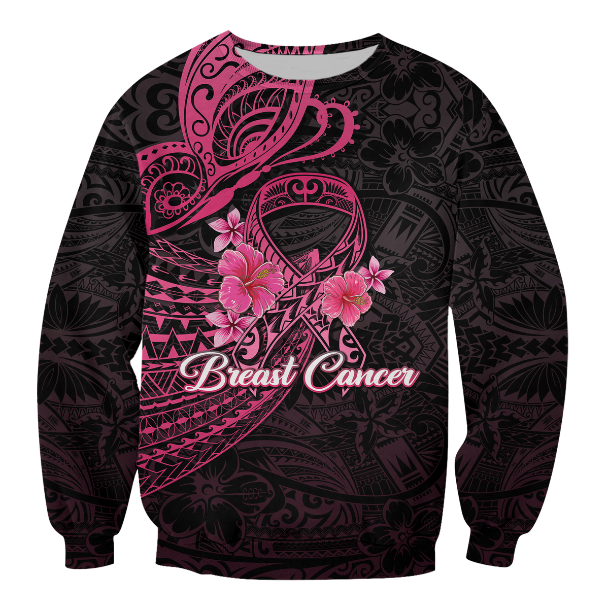 Unisex black sweatshirt, pink Polynesian butterfly ribbon and floral 'Breast Cancer' print