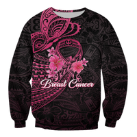Unisex black sweatshirt, pink Polynesian butterfly ribbon and floral 'Breast Cancer' print