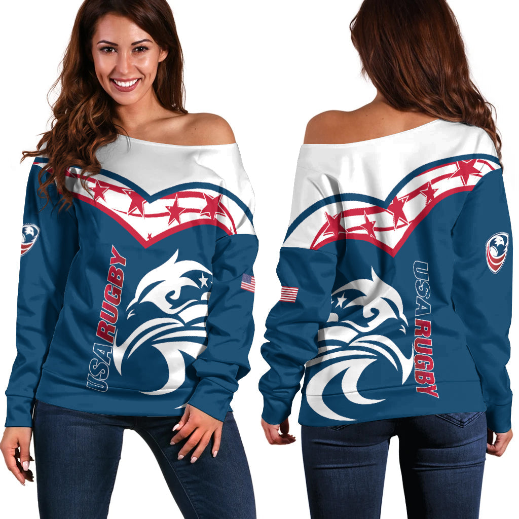 Women’s off-shoulder sweater, blue/white rugby graphic, long sleeves
