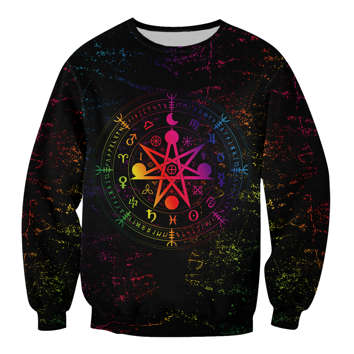 Unisex black sweatshirt with colorful pentagram circle graphic, splatter print