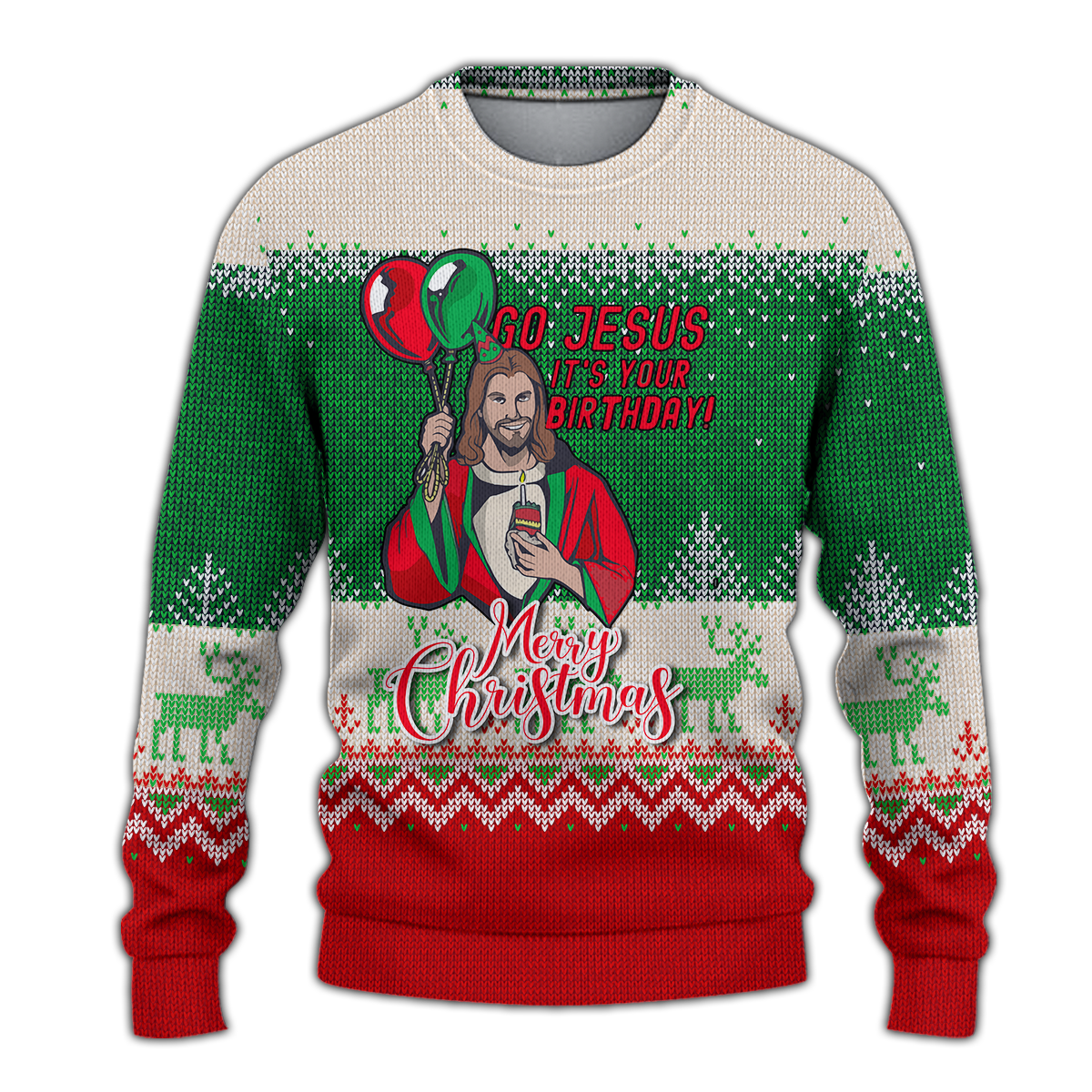 Christmas ugly sweater in green, white, and red with Jesus graphic and festive text