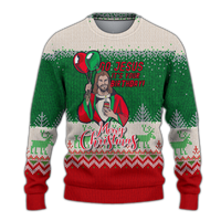 Christmas ugly sweater in green, white, and red with Jesus graphic and festive text