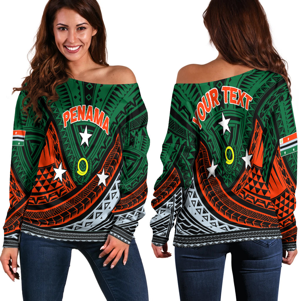 Green off-shoulder sweater with tribal pattern and Penama print, star accents