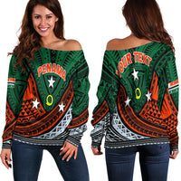 Green off-shoulder sweater with tribal pattern and Penama print, star accents