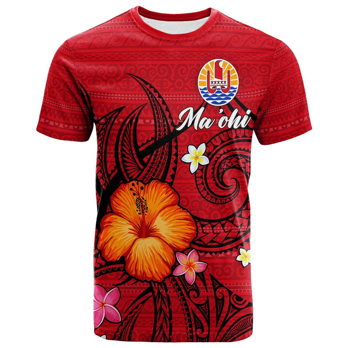 Red Tahiti Maohi T-shirt with hibiscus and tribal patterns, Ma'ohi graphic