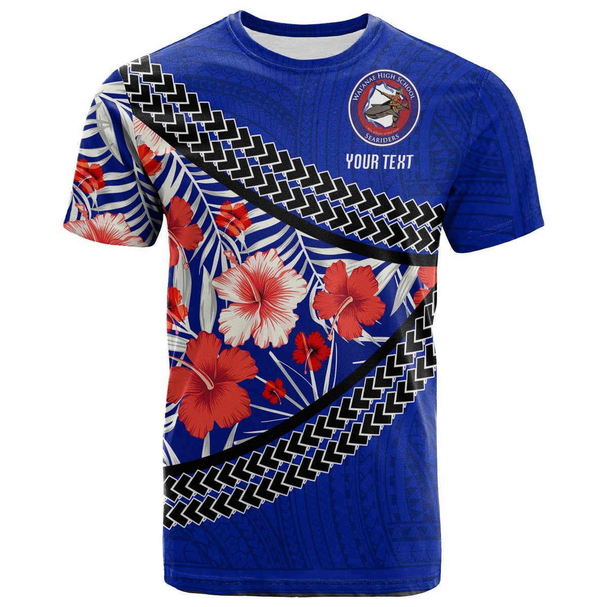 Blue high school T-shirt with hibiscus flowers, diagonal geometric stripe and crest