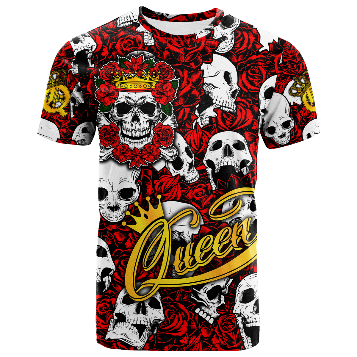 Skull graphic T-shirt with crown and large 'Queen' script, red and white