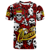 Skull graphic T-shirt with crown and large 'Queen' script, red and white