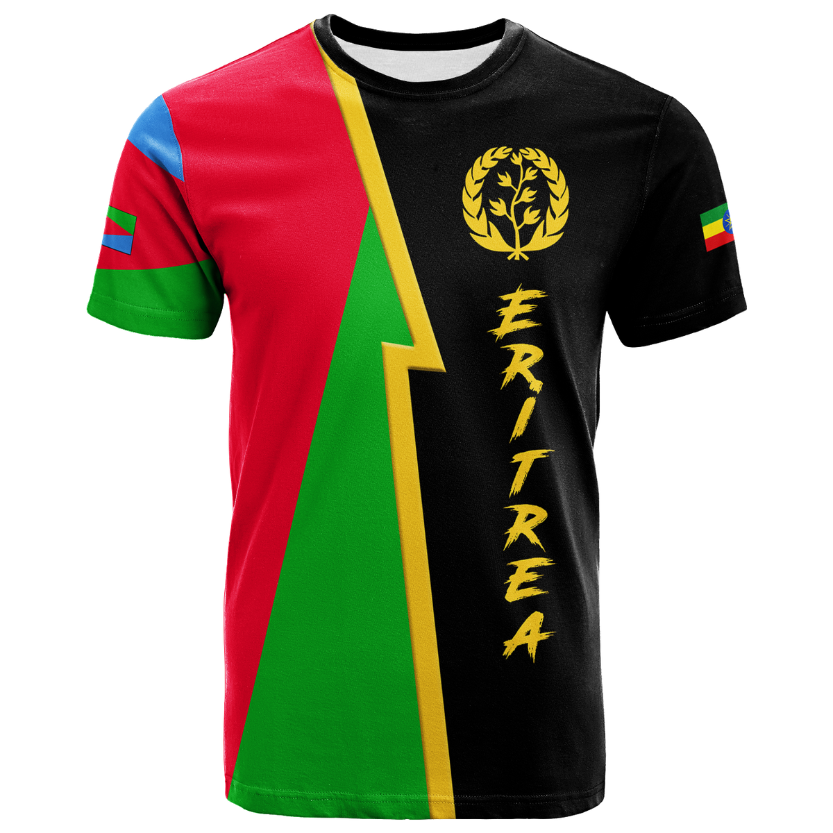 Black T-shirt with Eritrea-style diagonal panel, laurel emblem and vertical ERITREA text