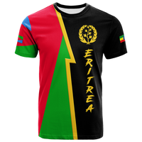 Black T-shirt with Eritrea-style diagonal panel, laurel emblem and vertical ERITREA text