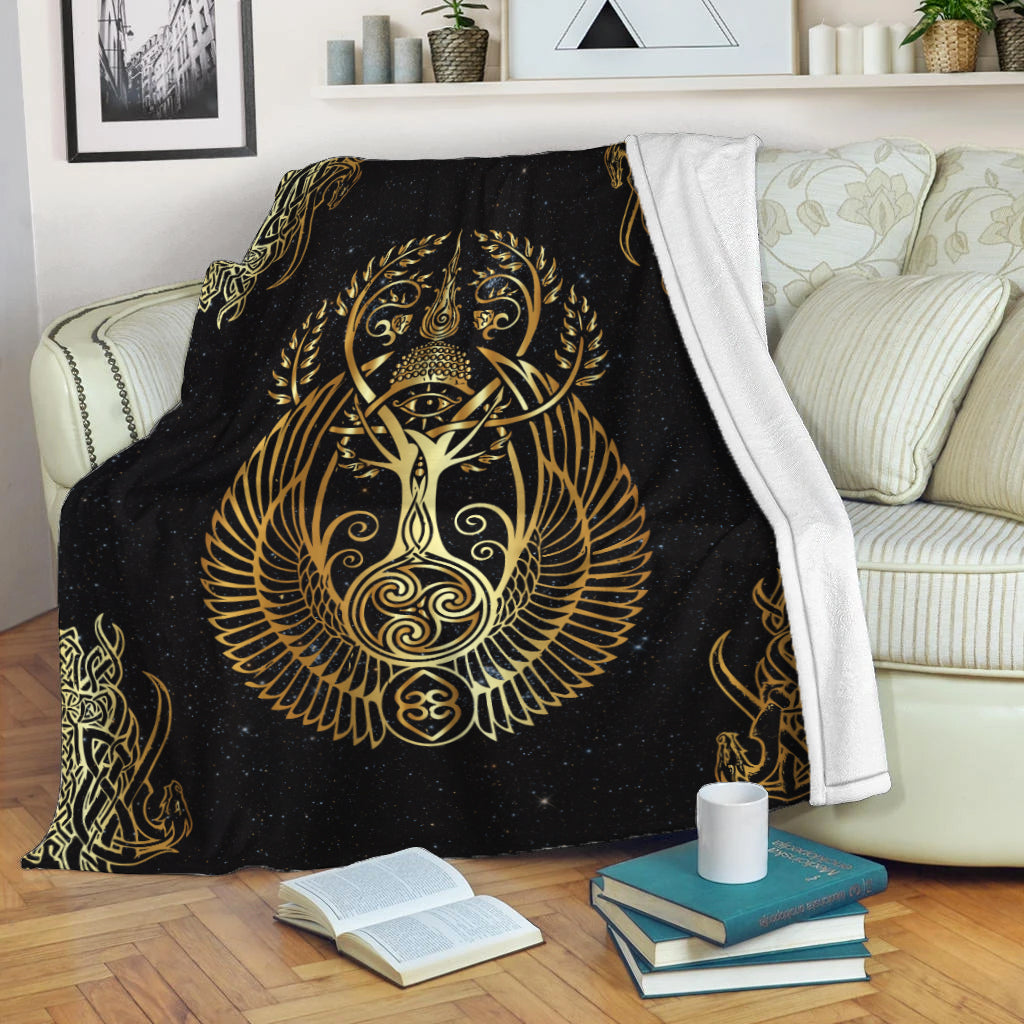 Black blanket with gold Odin emblem and winged Tree of Life design