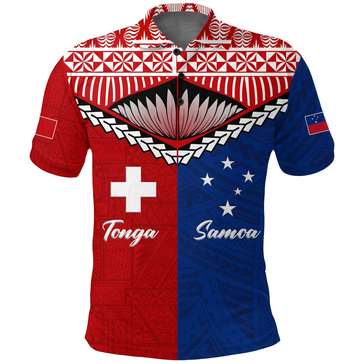 Red/blue patterned Tonga Samoa polo, collared with button placket